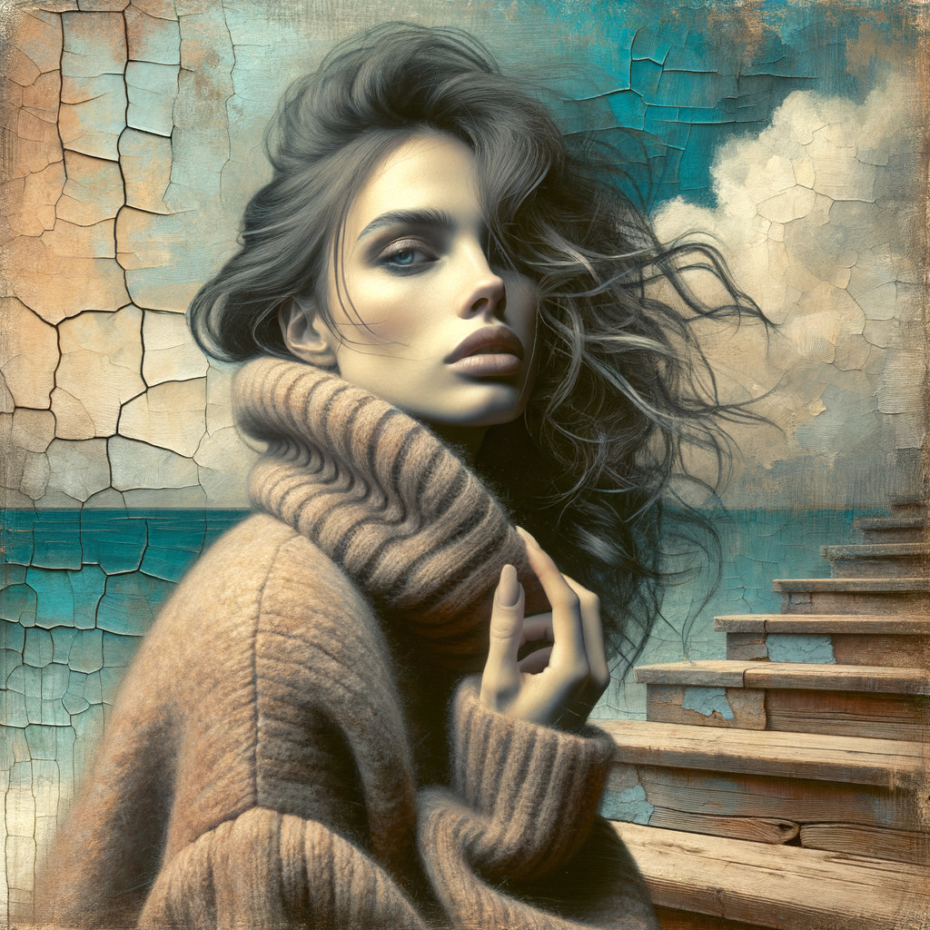 Portrait of a Woman in a Cozy Sweater with Ocean Background
