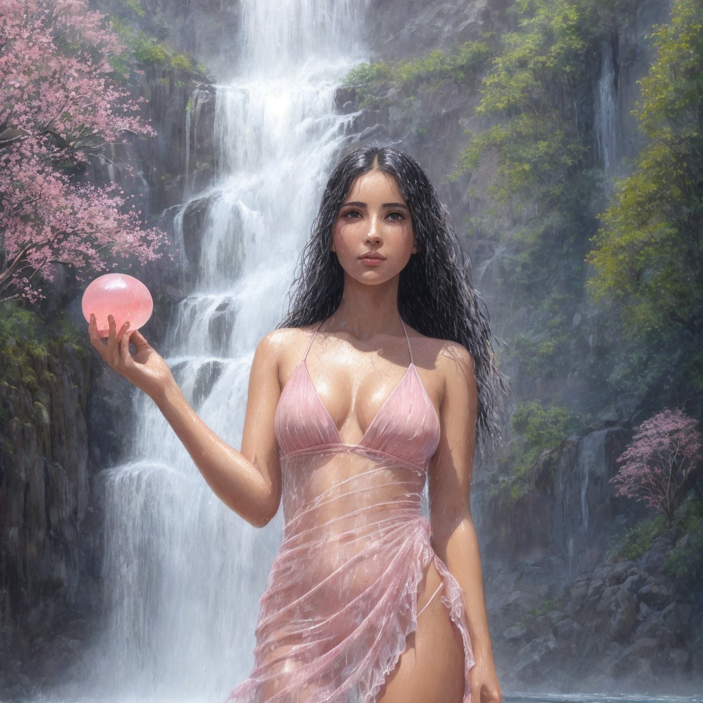 Serene Waterfall with Young Woman in Pink Dress