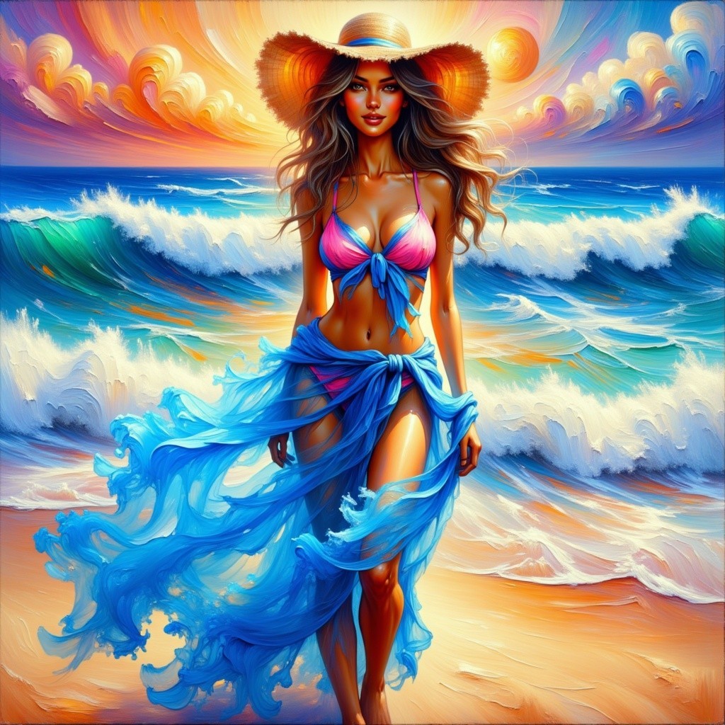 Young Woman in Colorful Bikini at Vibrant Beach Sunset