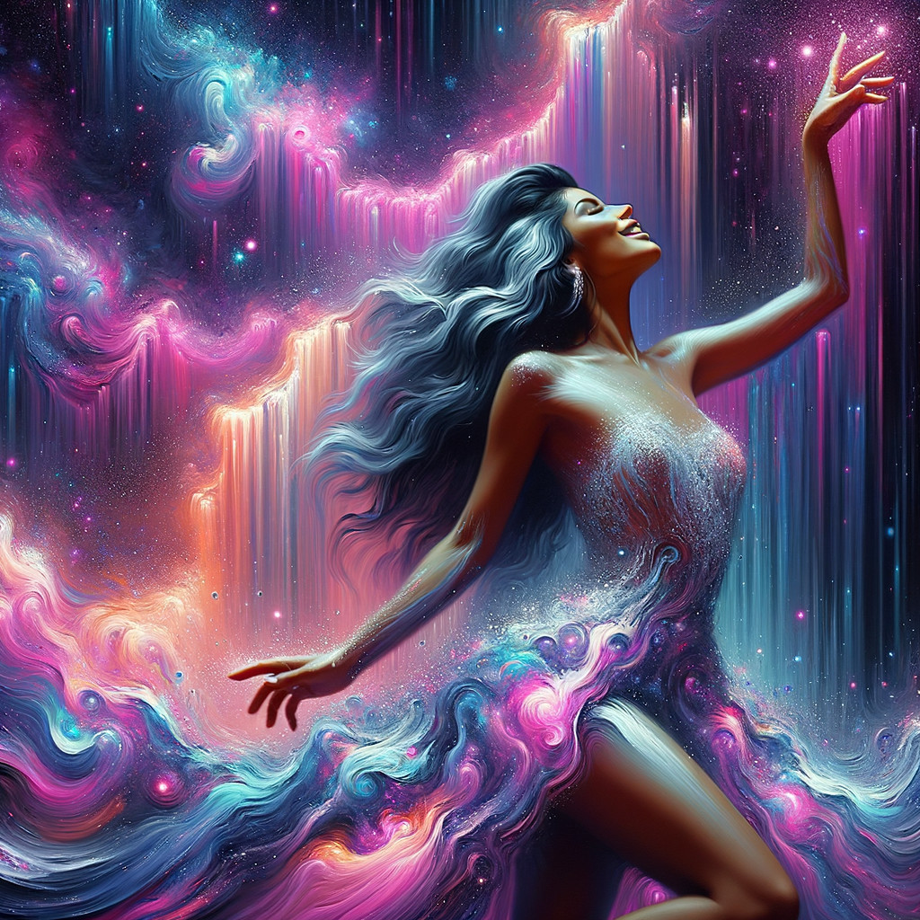 Mystical Figure Dancing in a Cosmic Landscape
