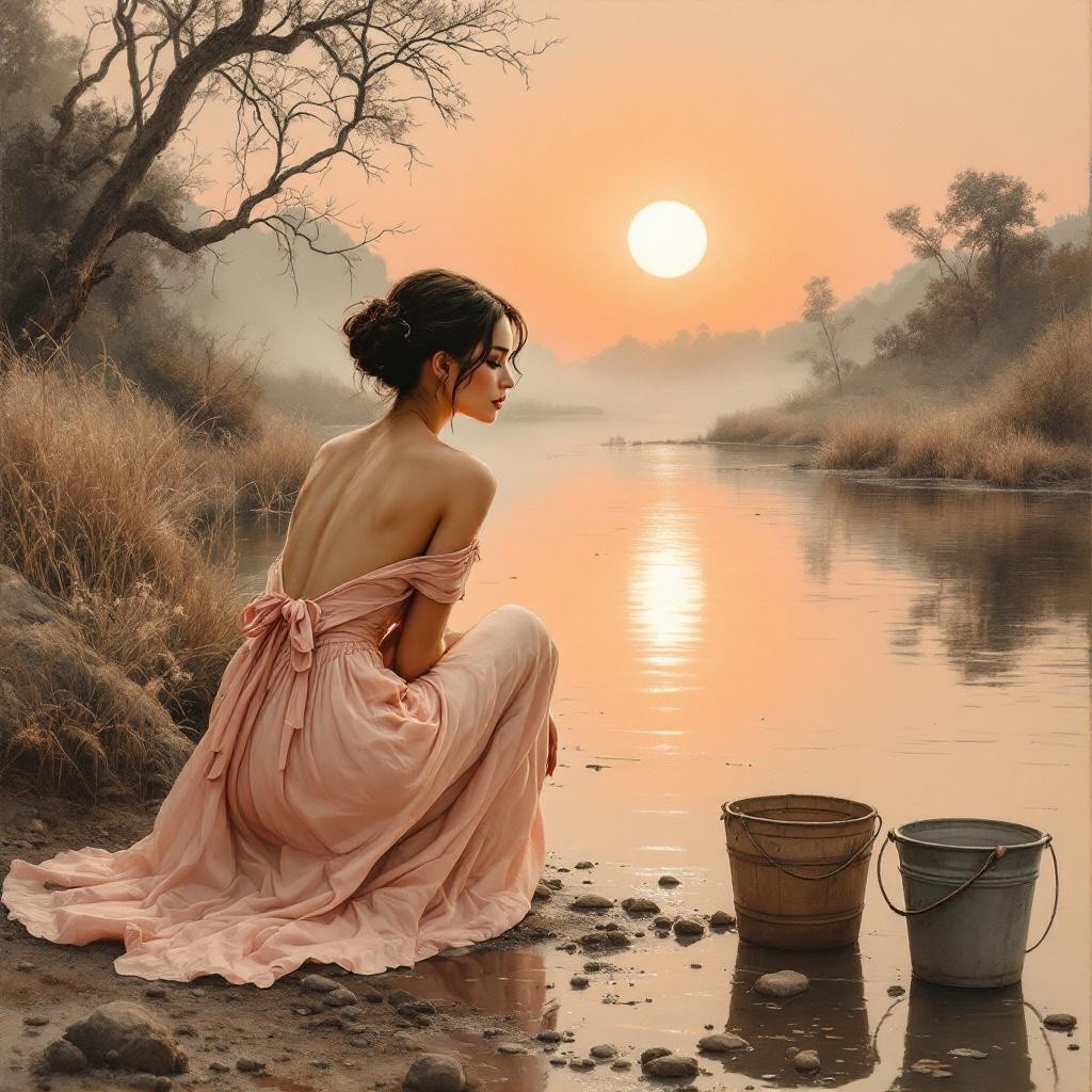 Serene River Sunset with Woman in Pink Dress