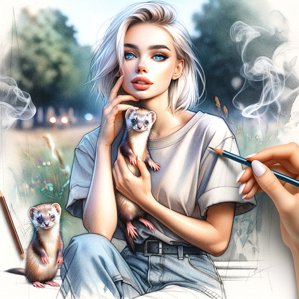 Illustration of a Young Woman with Ferrets Outdoors