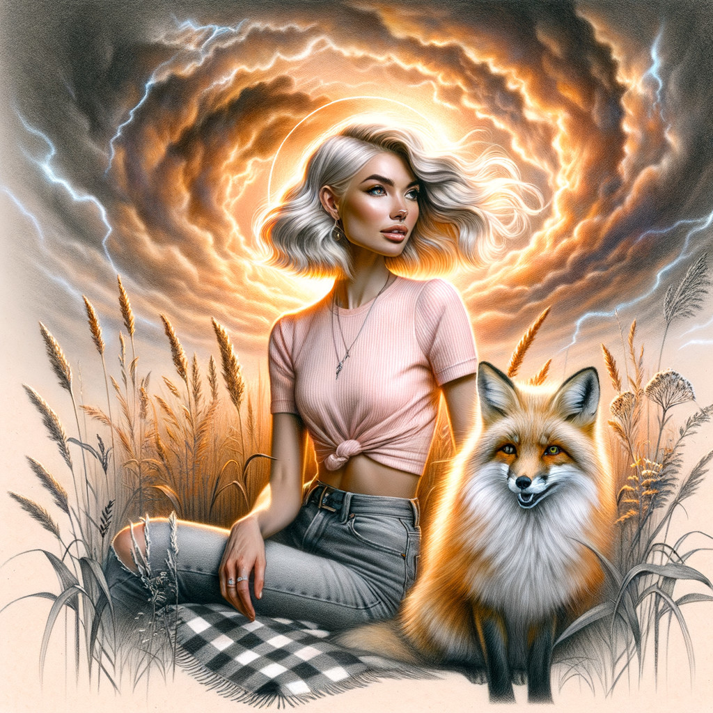 Young Woman and Fox in Dramatic Grass Setting