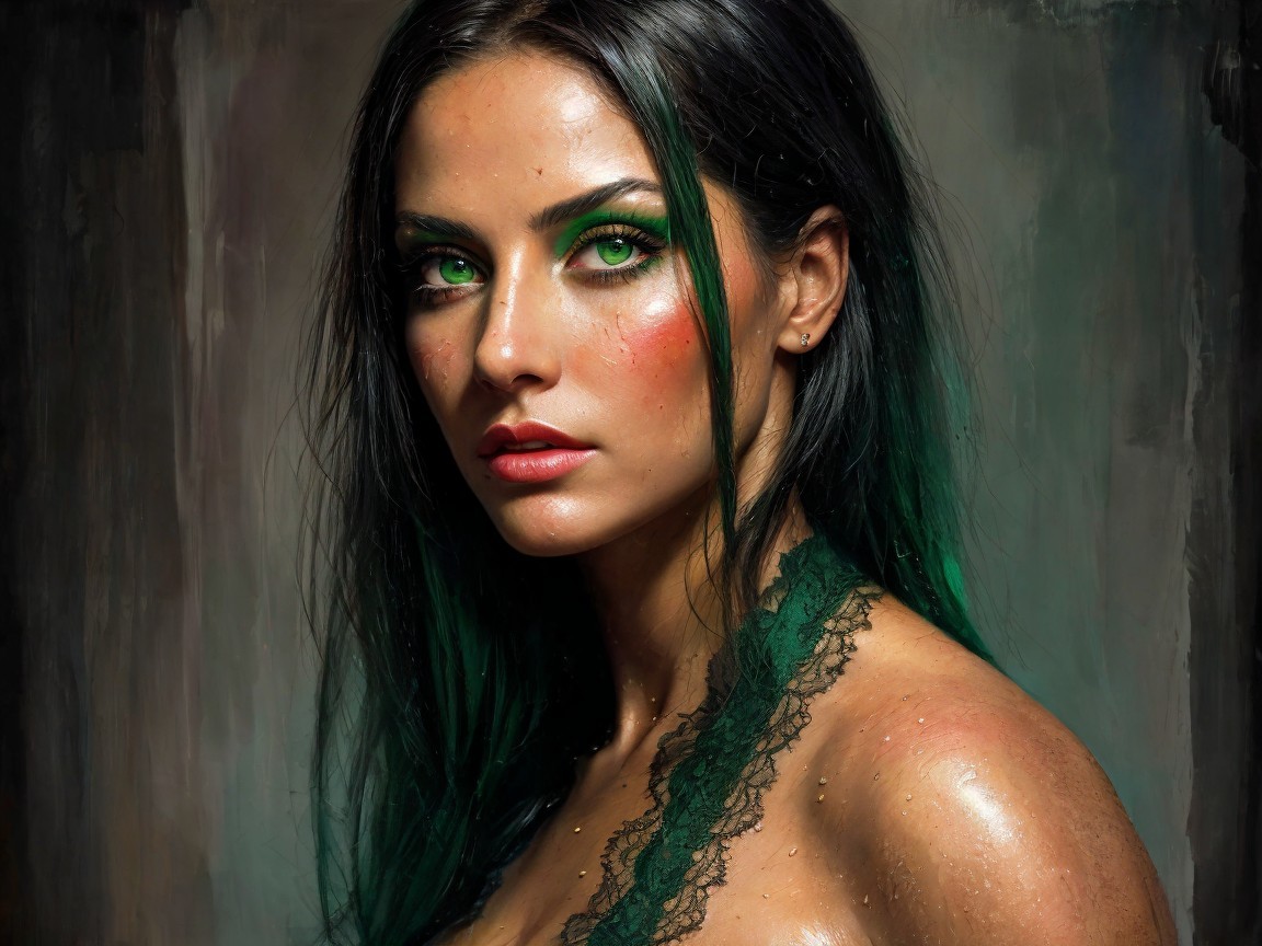 Portrait of a woman with green eyes and dark hair