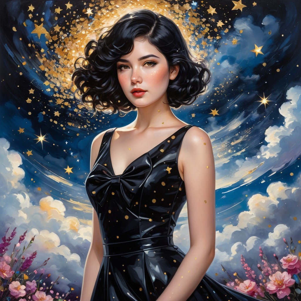 Young woman in black dress with starry backdrop