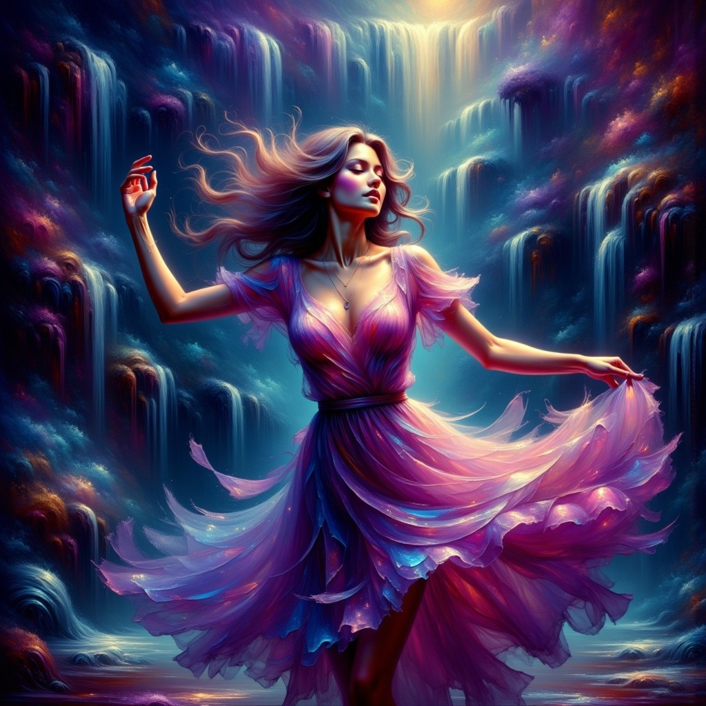 Woman in pink dress dances near ethereal waterfalls