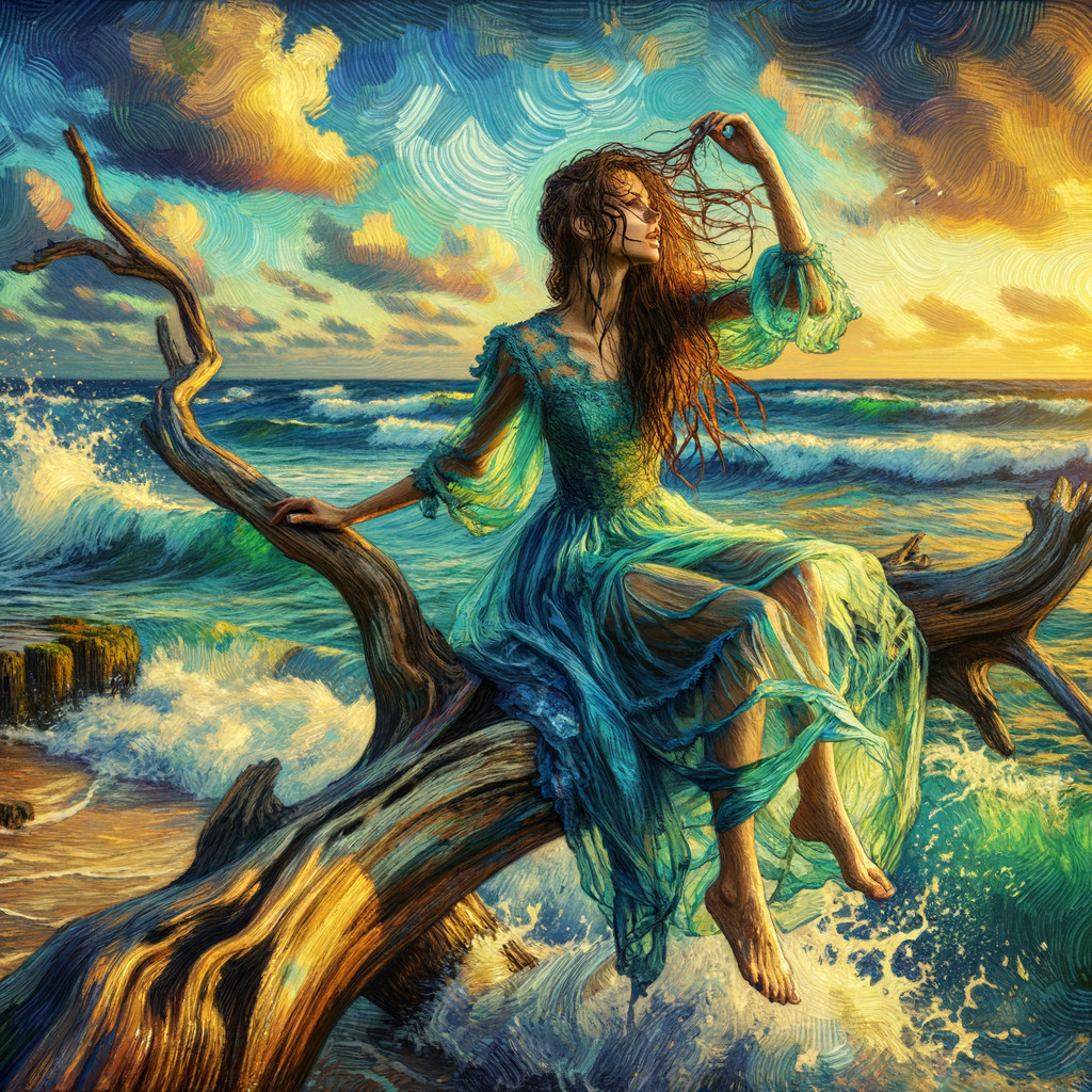 Woman in Teal Dress by the Ocean at Sunset