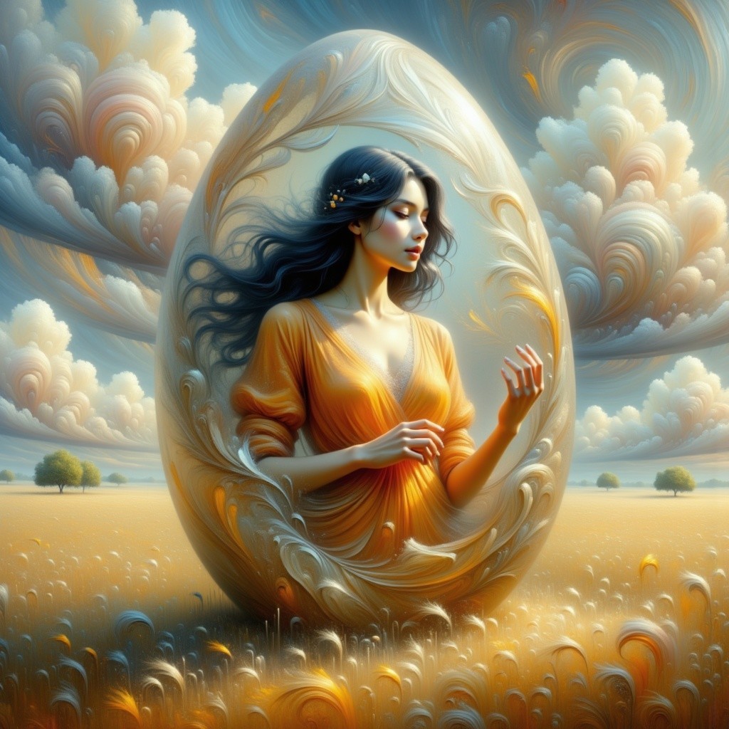 Woman in Orange Dress Inside Ornate Egg with Clouds