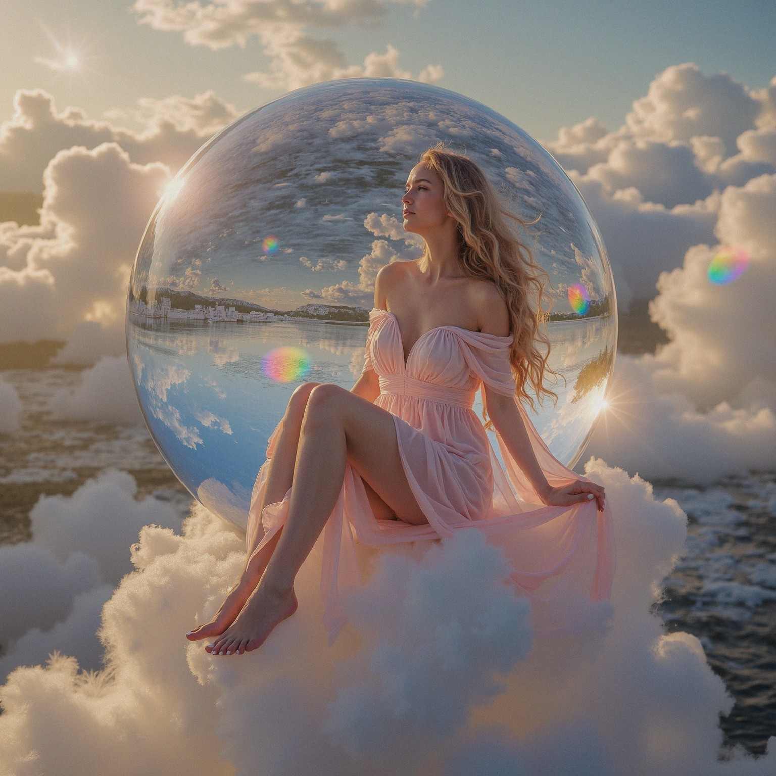 Woman on Cloud with Reflective Orb in Ethereal Scene