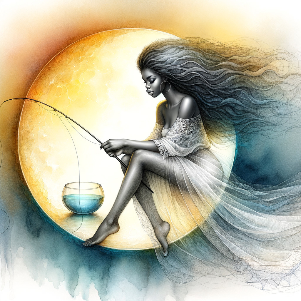 Serene figure fishing on a crescent moon at night