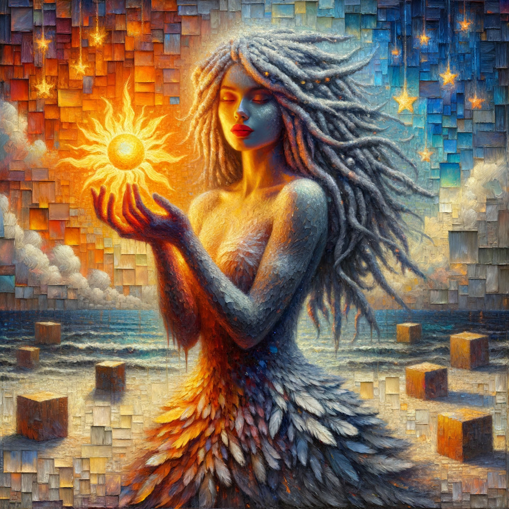 Mystical Figure with Sun on Shoreline Background