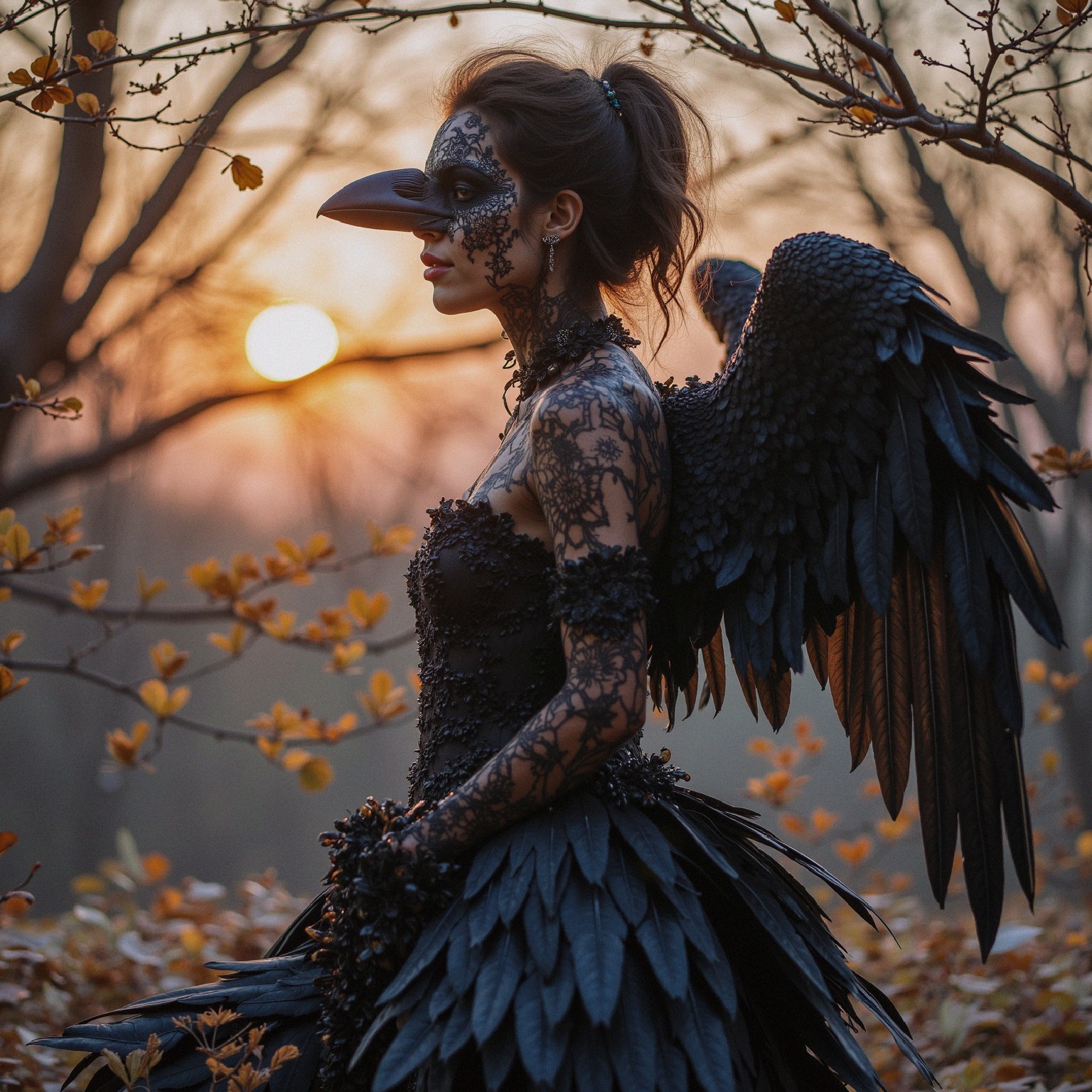 Crow-inspired Costume in a Mystical Sunset Forest