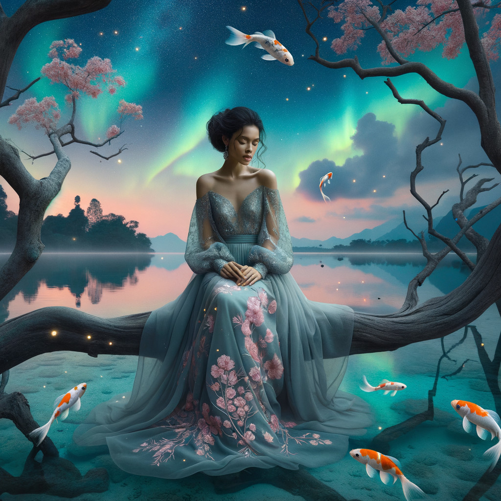 Woman in blue gown by water with auroras and koi fish