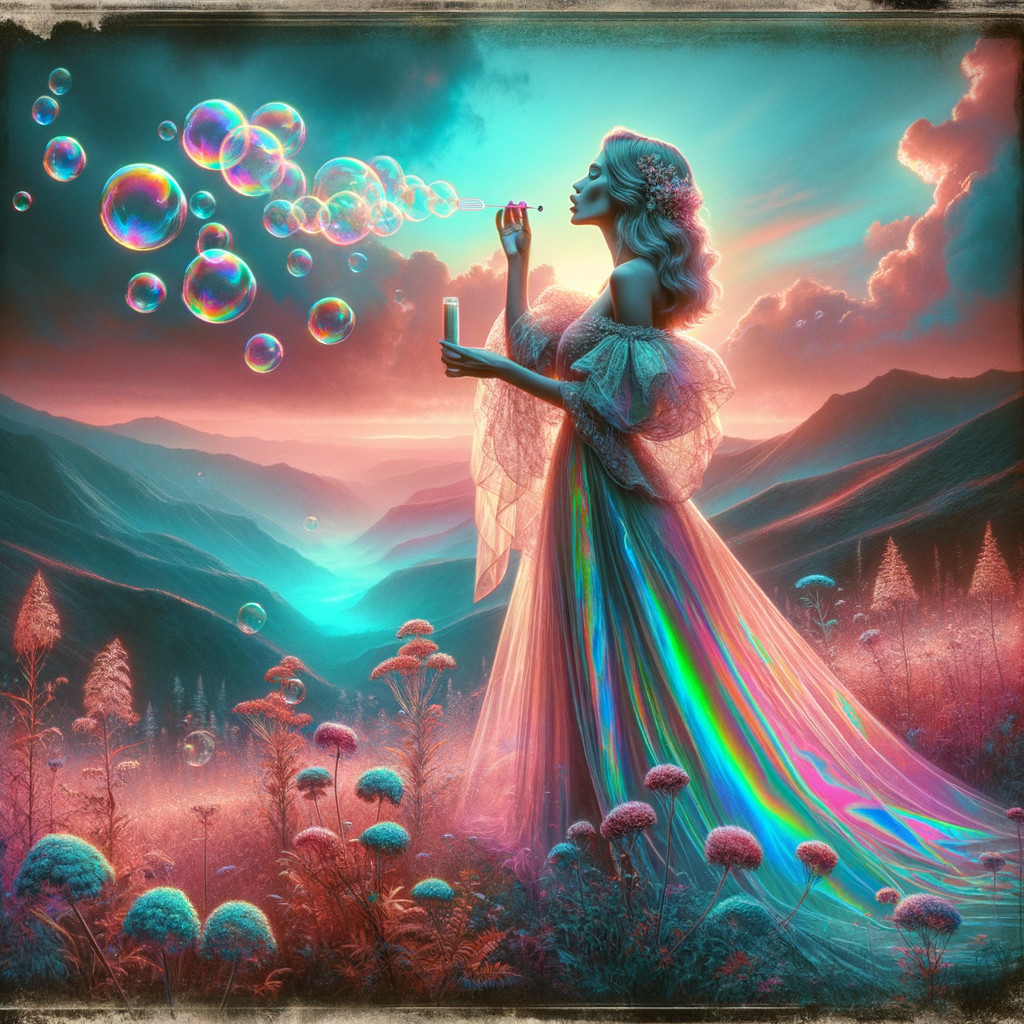 Dreamlike Scene of Woman in Ethereal Gown with Bubbles