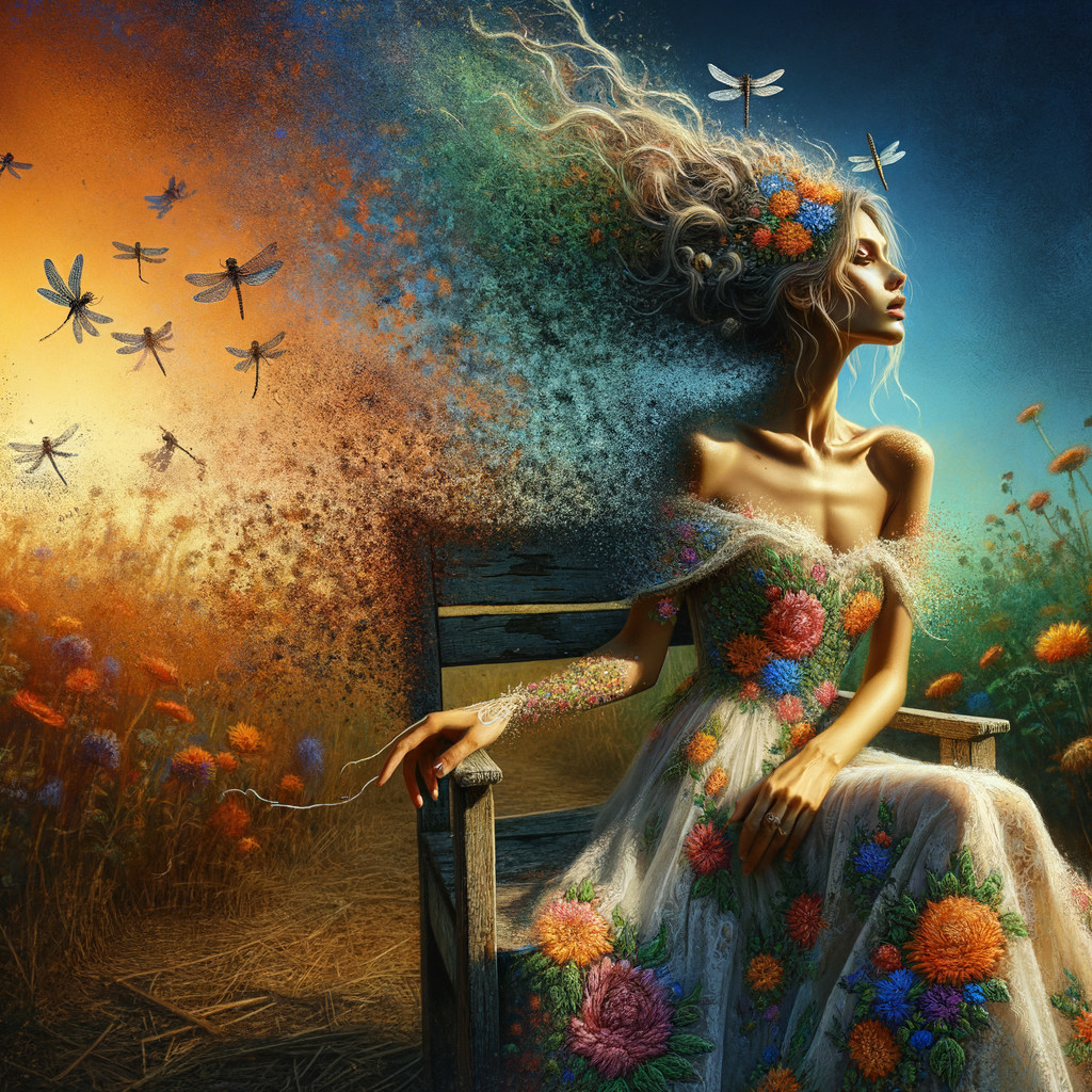Serene Woman in Floral Gown Surrounded by Nature