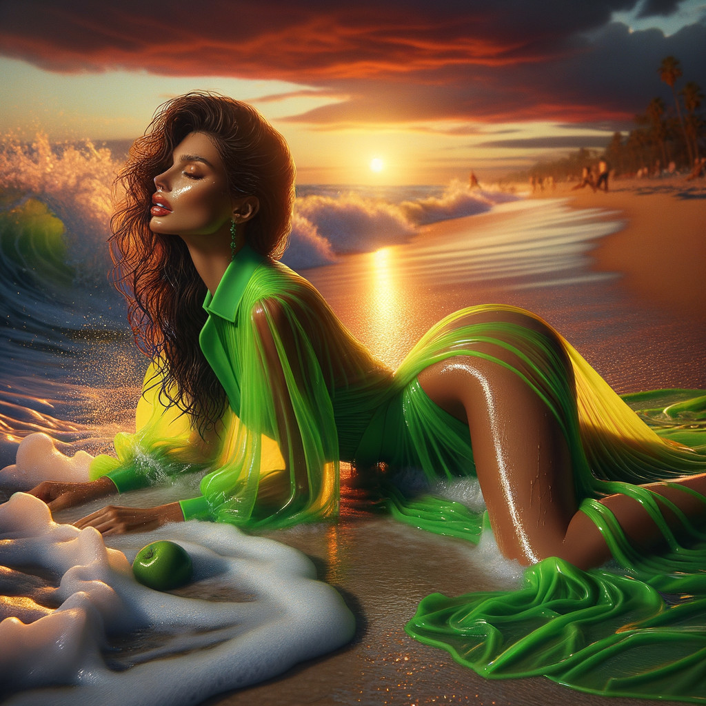 Beach Sunset Scene with Figure in Green Outfit