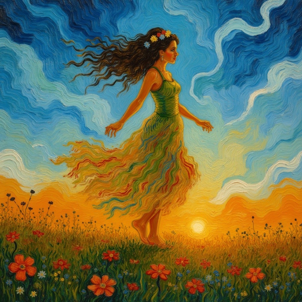 Graceful Woman Dancing in Vibrant Sunset Landscape