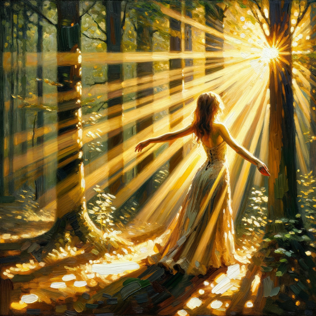 Woman in golden gown in sunlit forest setting