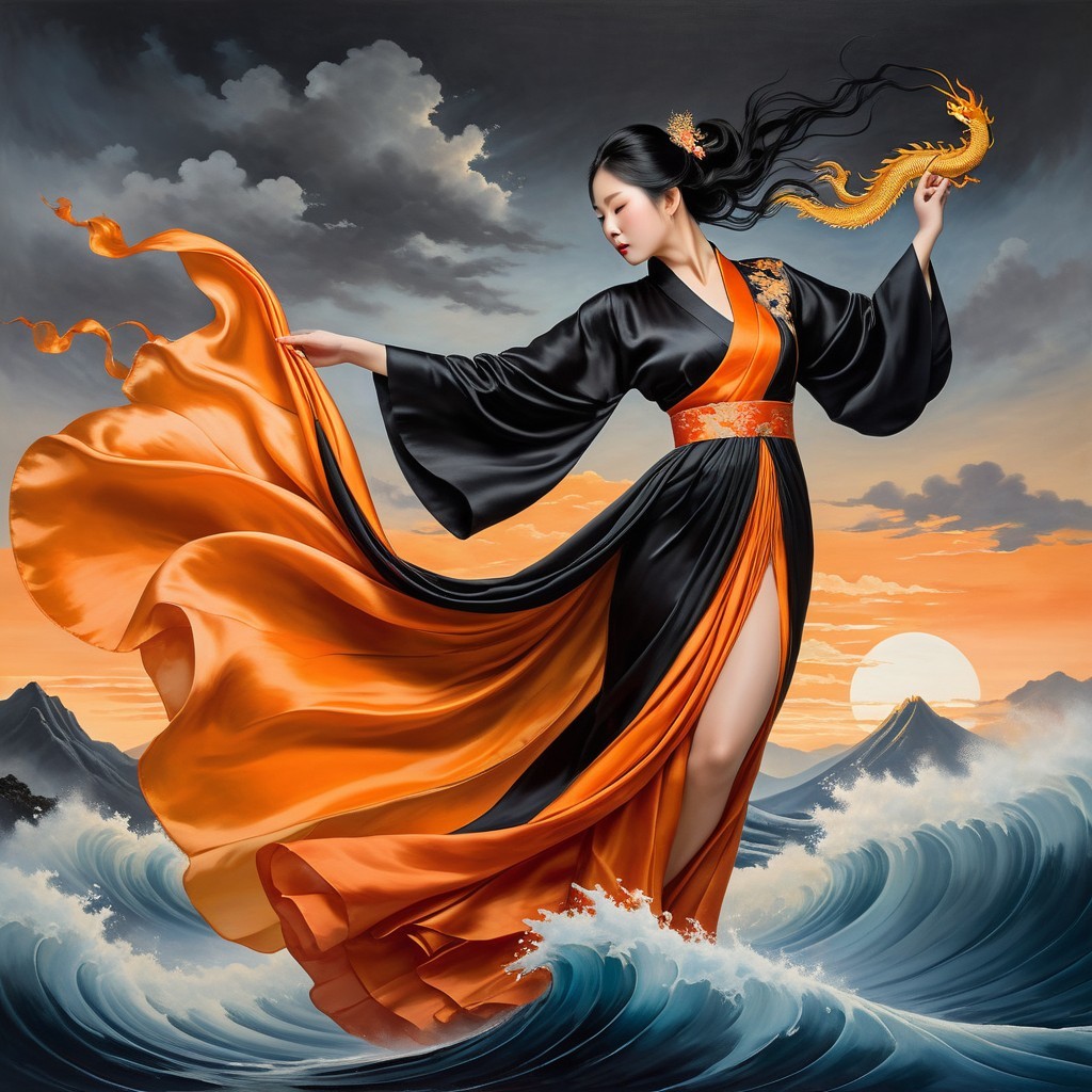 Woman in Black and Orange Dress with Golden Dragon