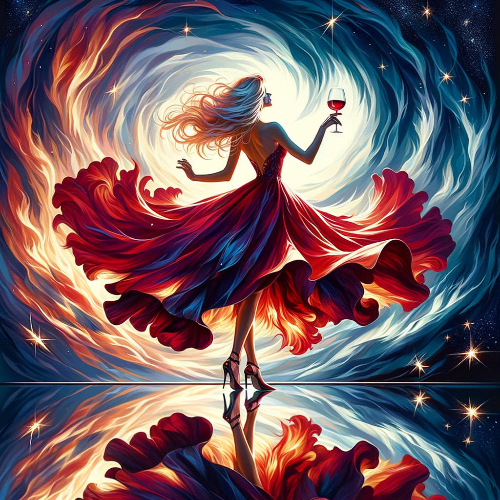 Elegant Figure in Red Gown Amid Cosmic Swirl