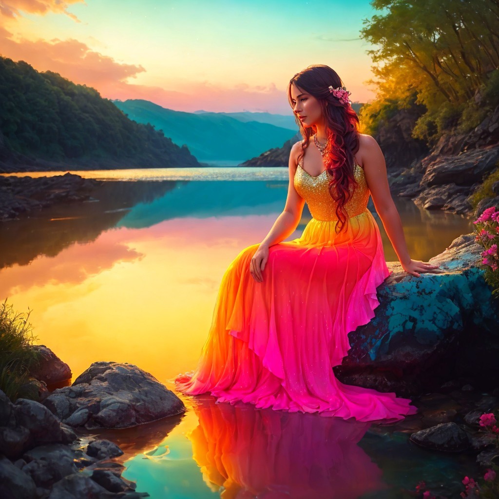 Serene River Scene with Woman in Gradient Gown