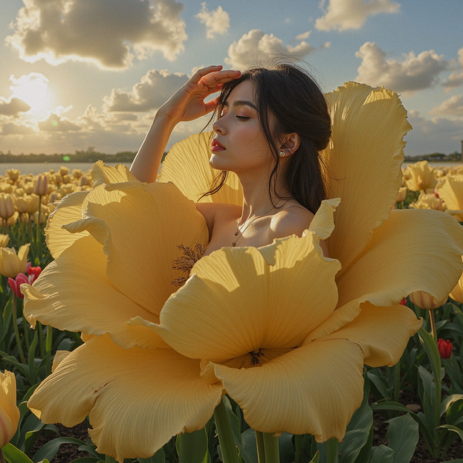 Woman in Yellow Flower at Sunset in Vibrant Field