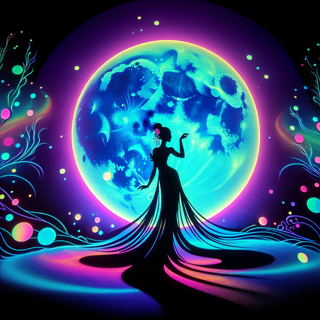 Silhouetted Woman Against Colorful Moonlit Backdrop