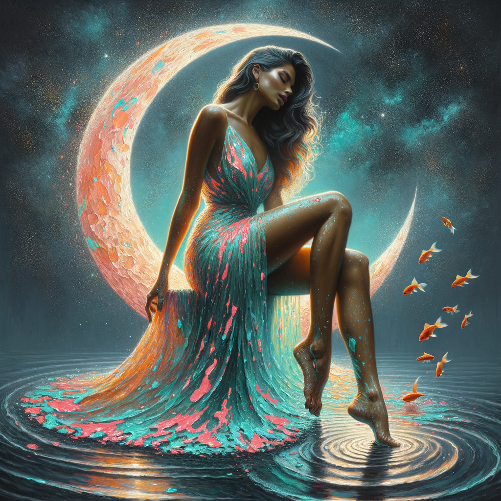 Graceful Figure by Serene Water Under Crescent Moon
