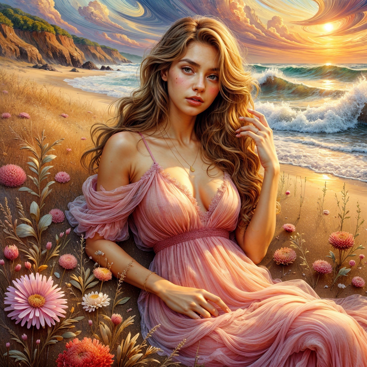 Serene Beach Scene at Sunset with Vibrant Flowers