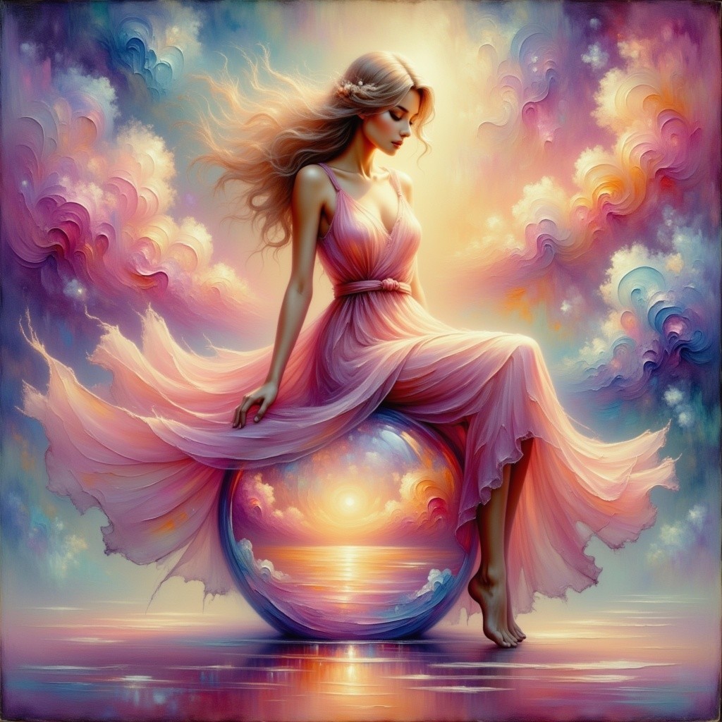Woman in Pink Dress on Shimmering Sphere at Sunset