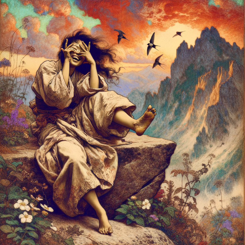 Serene figure atop rock in vibrant natural setting