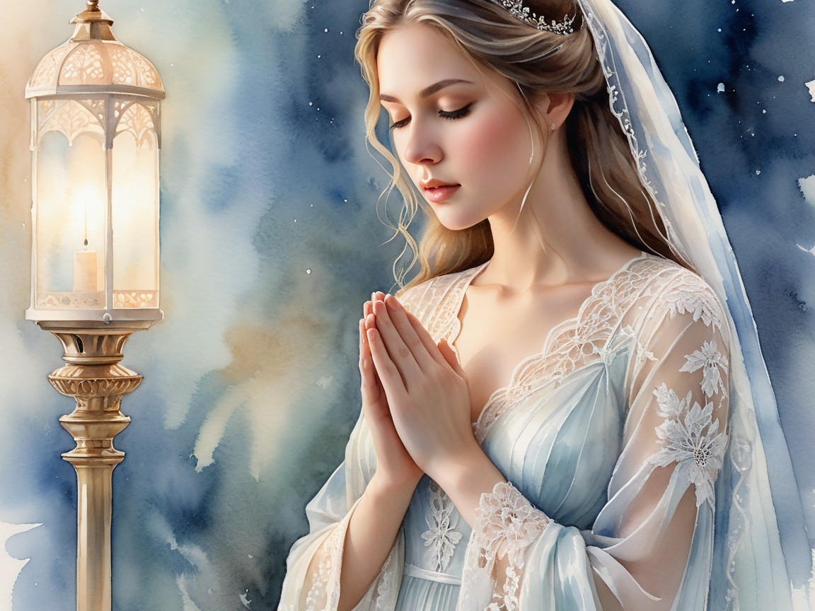 Serene Young Woman in Elegant Gown Praying with Lantern