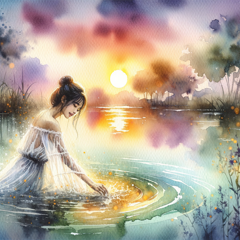 Serene Sunset with Woman by Tranquil Water Surface