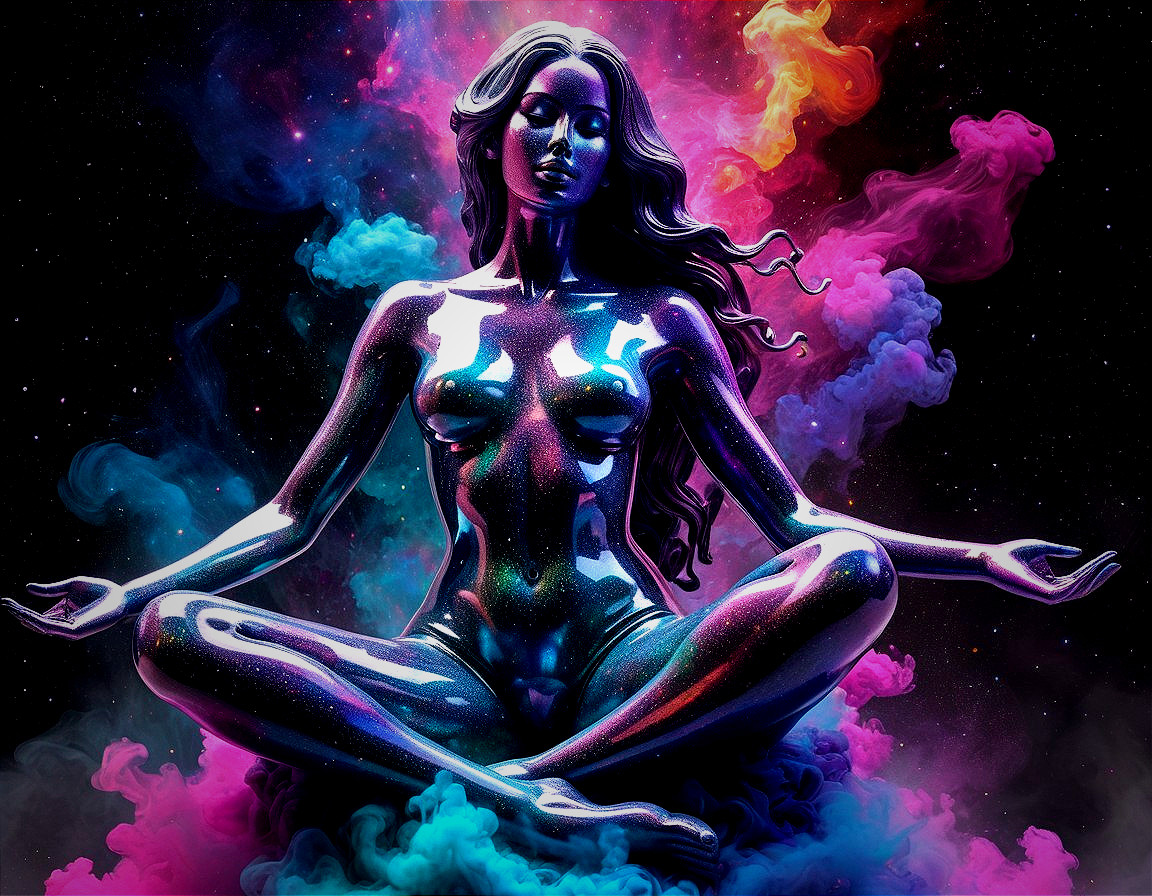Cosmic Woman Meditating with Vibrant Galaxy Colors