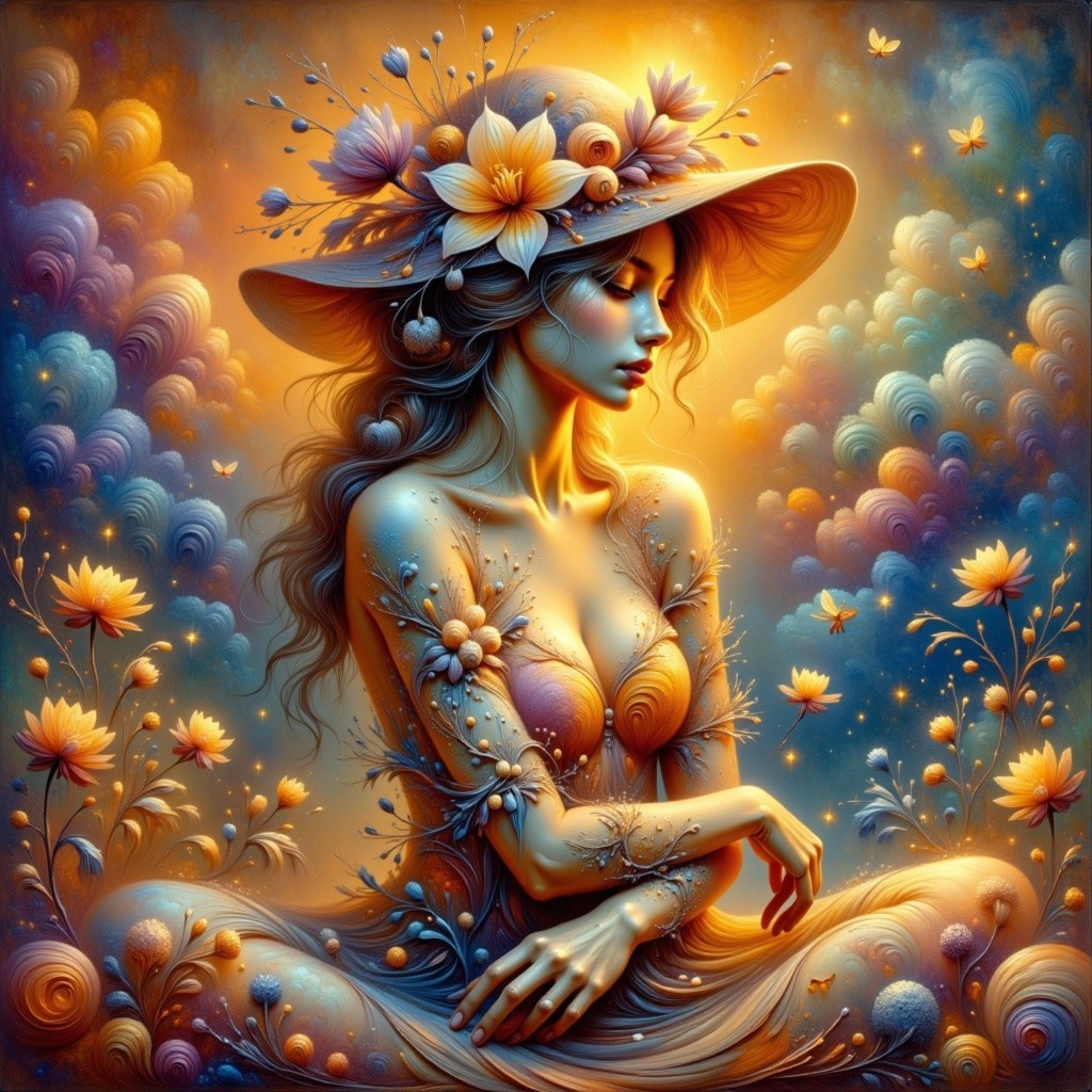 Serene figure with flowers in ethereal cloud setting