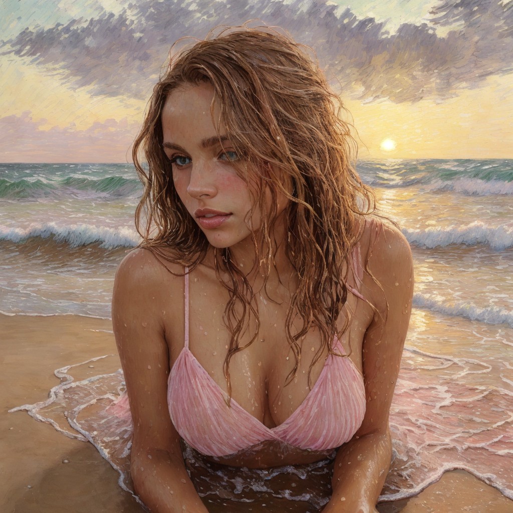 Young woman in pink bikini at serene ocean sunset