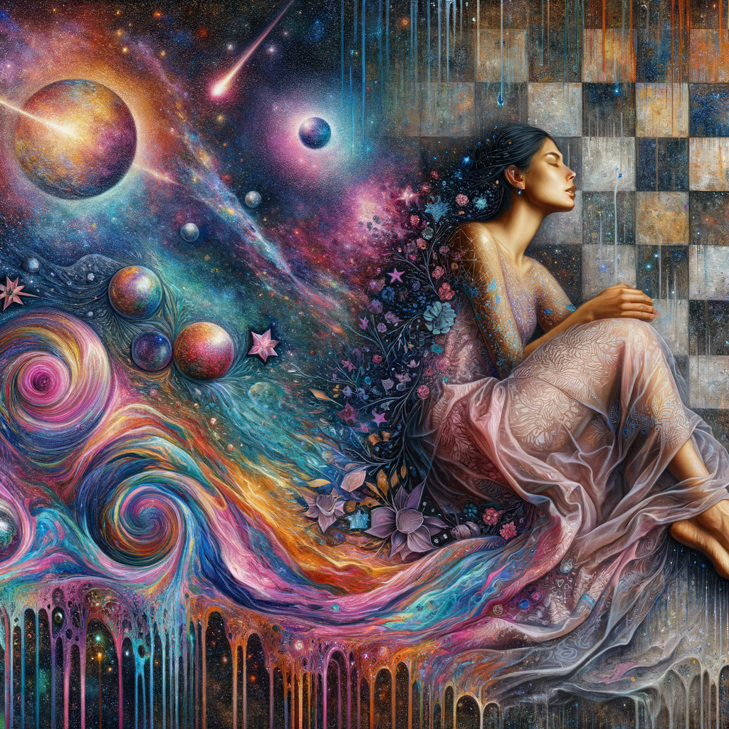 Dreamy Cosmic Scene with Serene Figure and Galaxies
