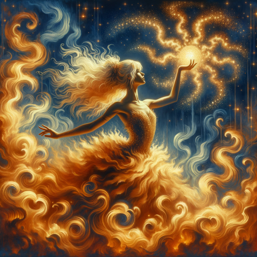 Mystical figure dancing in golden, ethereal clouds