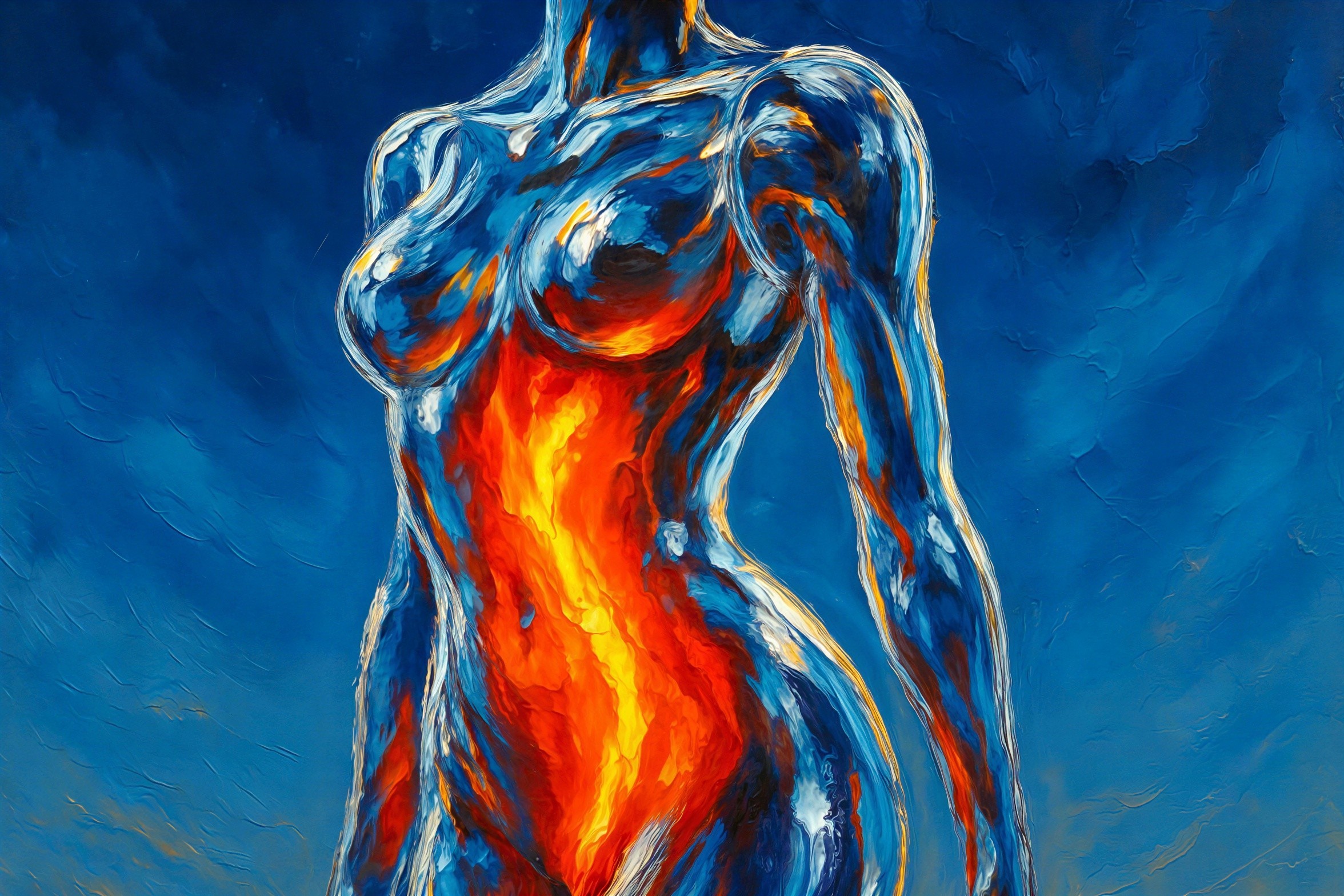 Abstract Oil Painting of a Human Torso in Blue