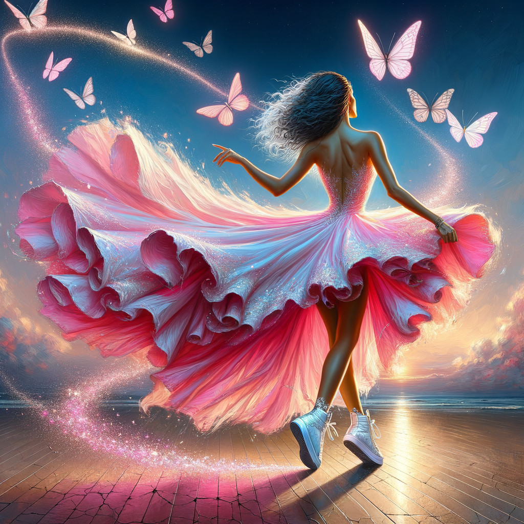Dancer in Pink Dress Surrounded by Butterflies at Sunset