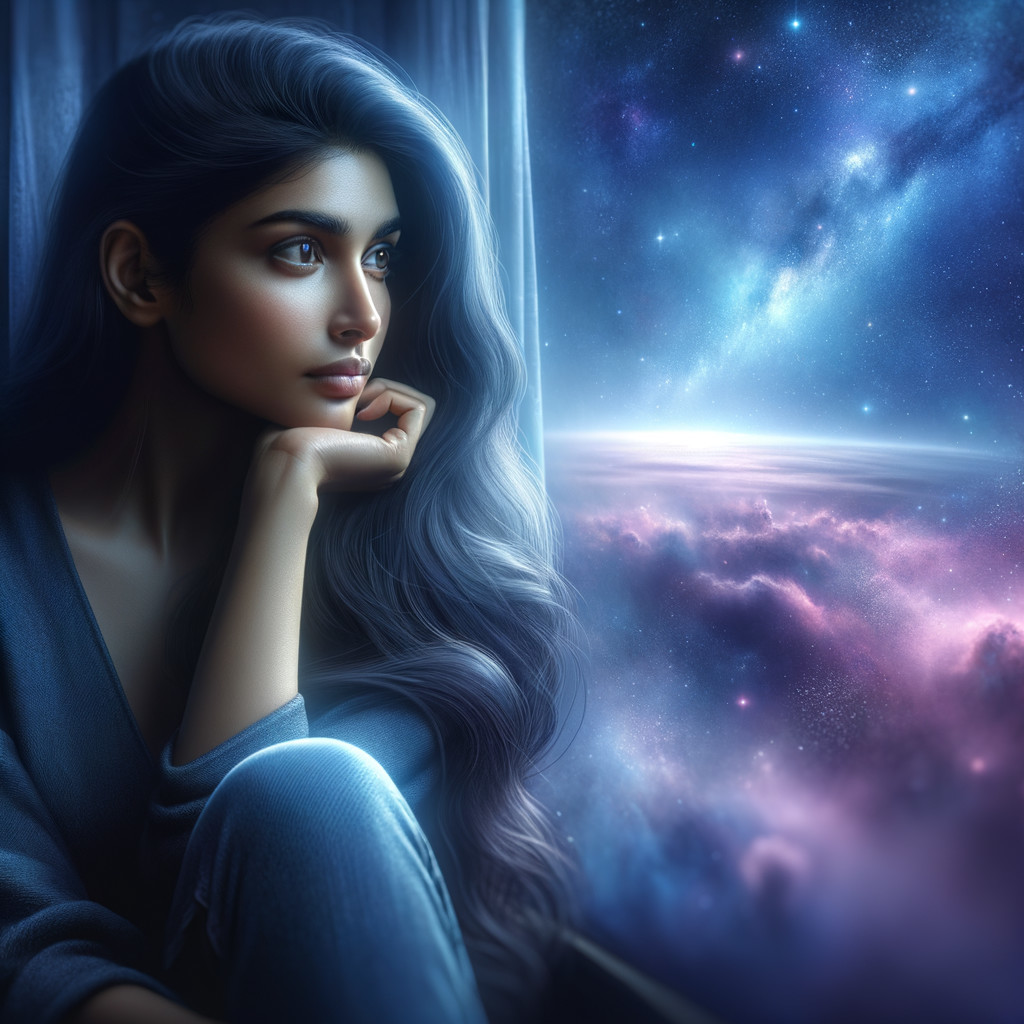 Young Woman Contemplating a Cosmic Galaxy Scene