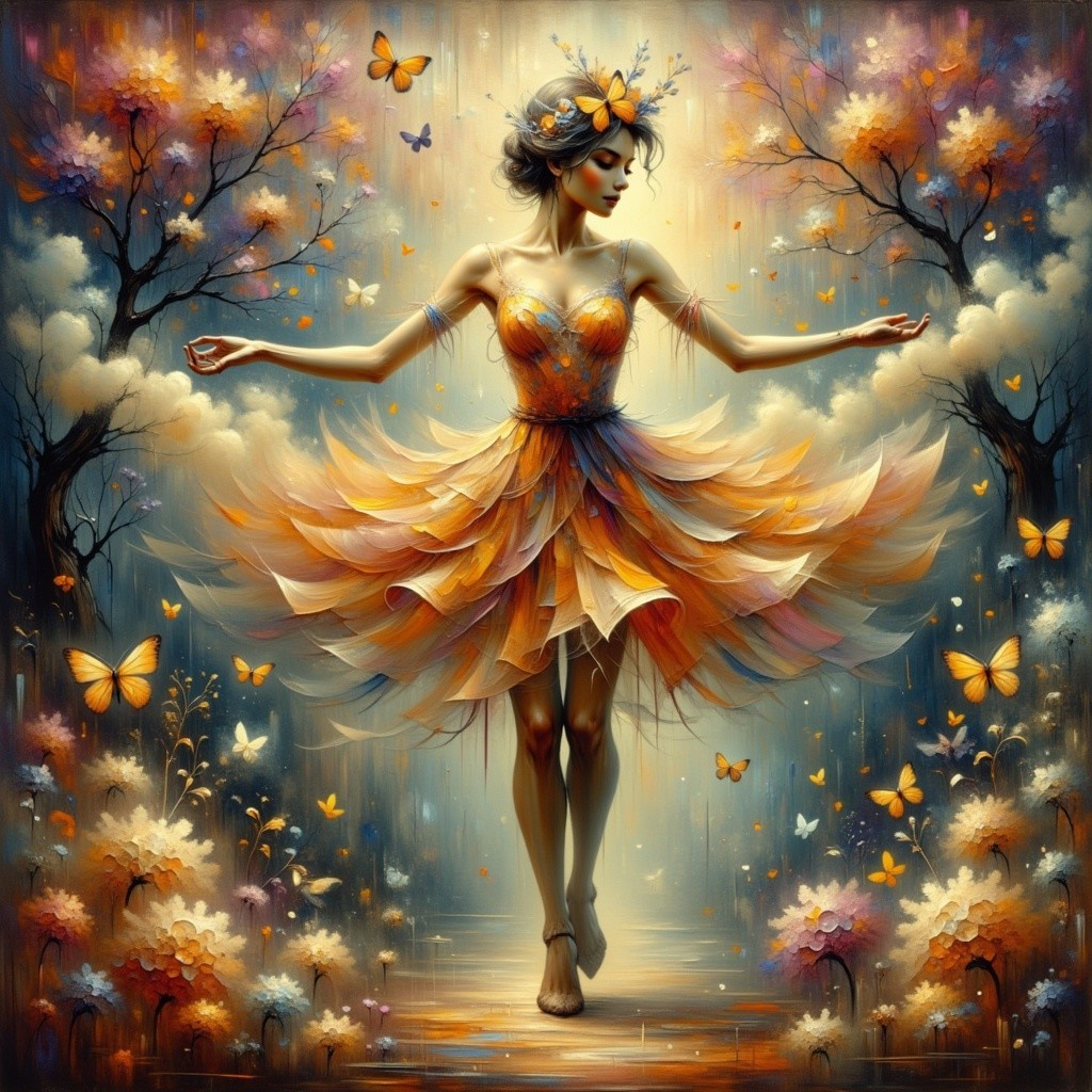 Dancer in Orange Dress Twirling in Whimsical Forest