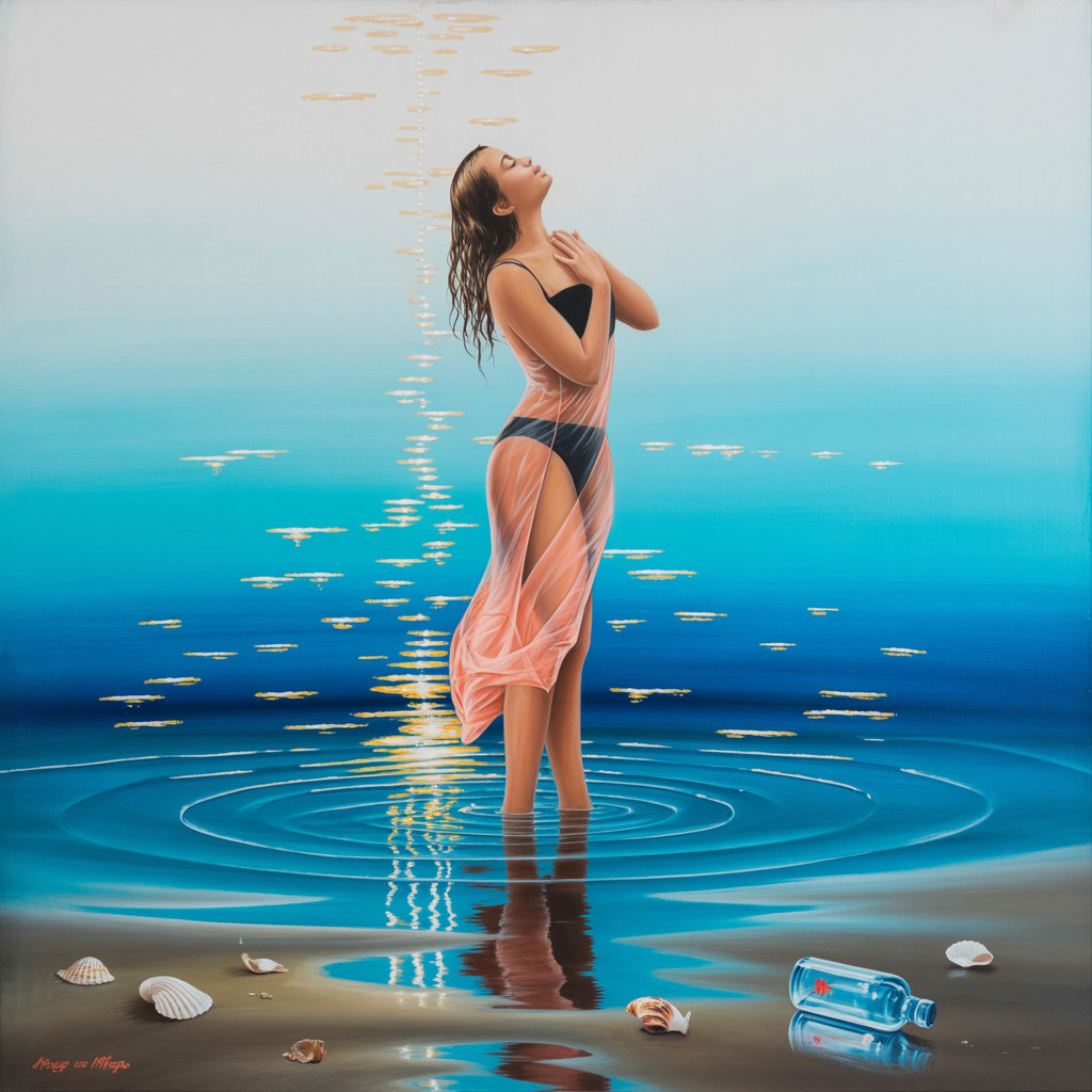 Woman in Sheer Dress Standing in Shallow Water