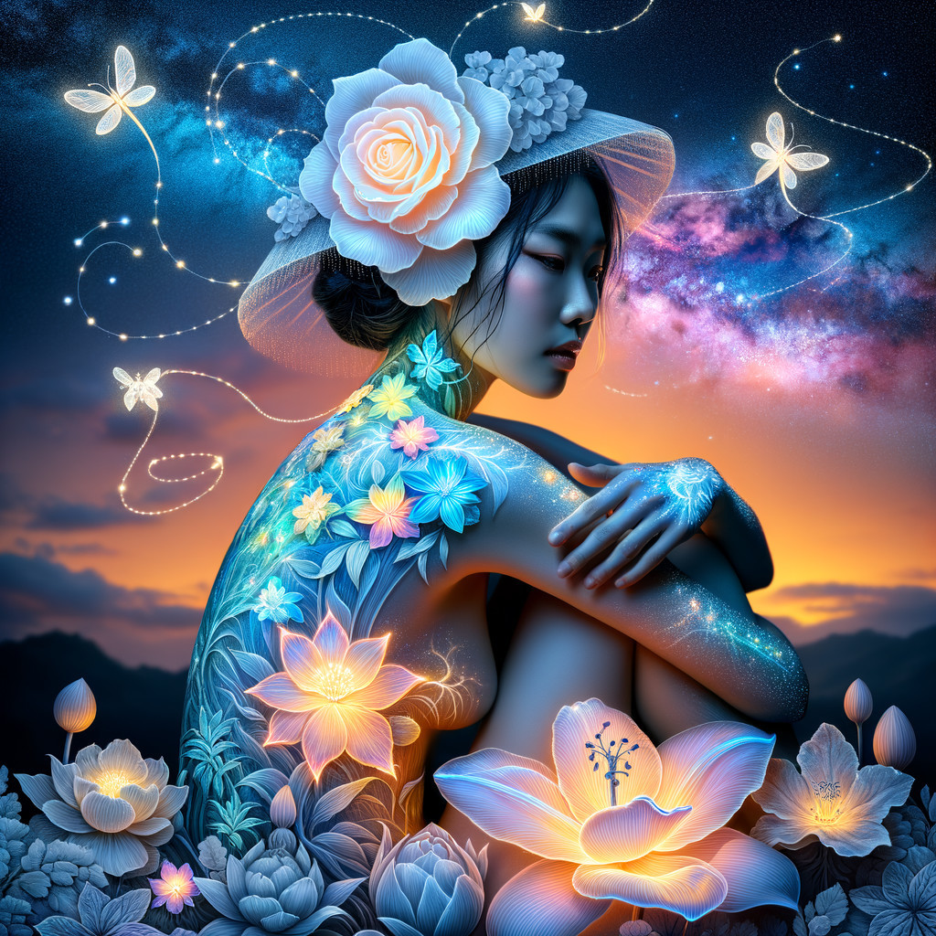 Serene figure with floral patterns against a sunset backdrop