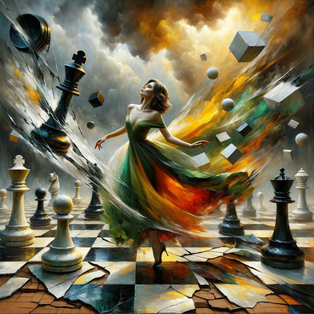 Woman in Colorful Dress on Chessboard with Pieces