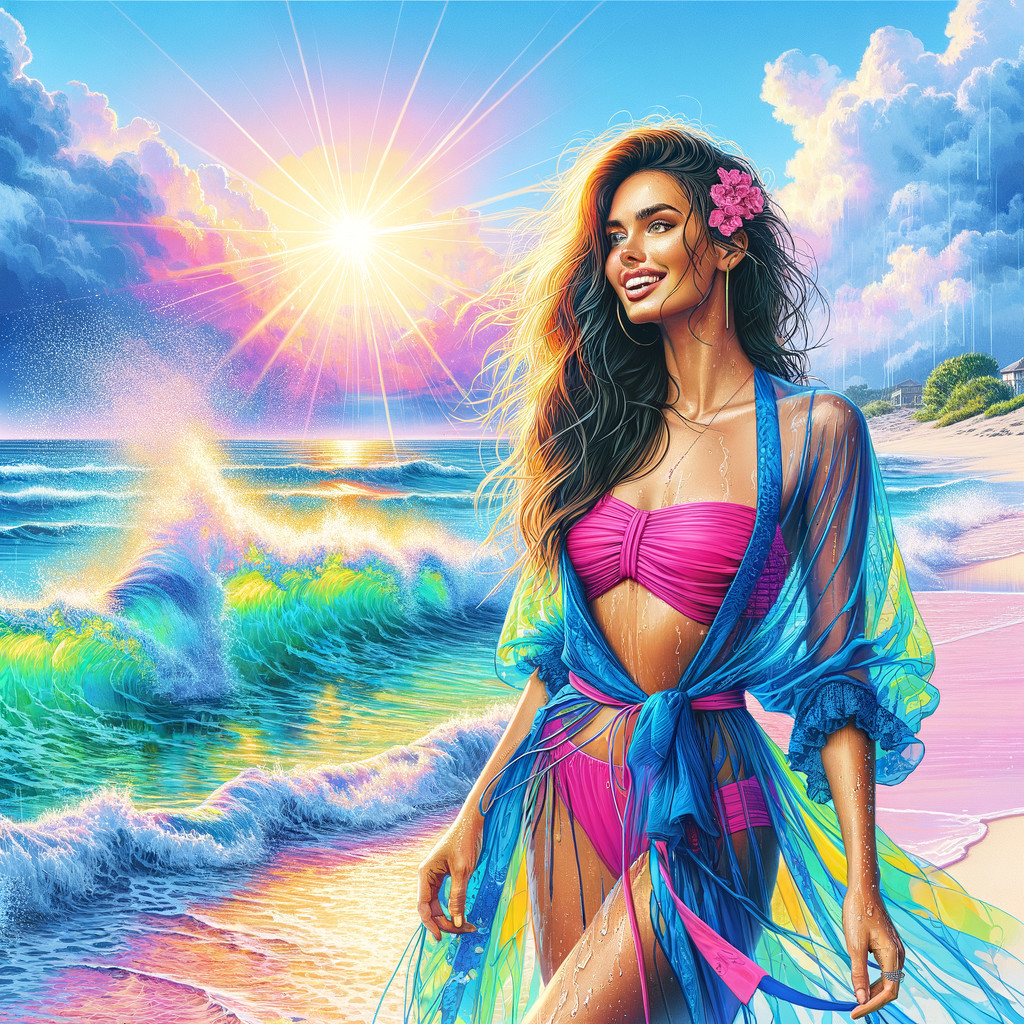 Confident Woman in Pink Bikini on Sunlit Beach
