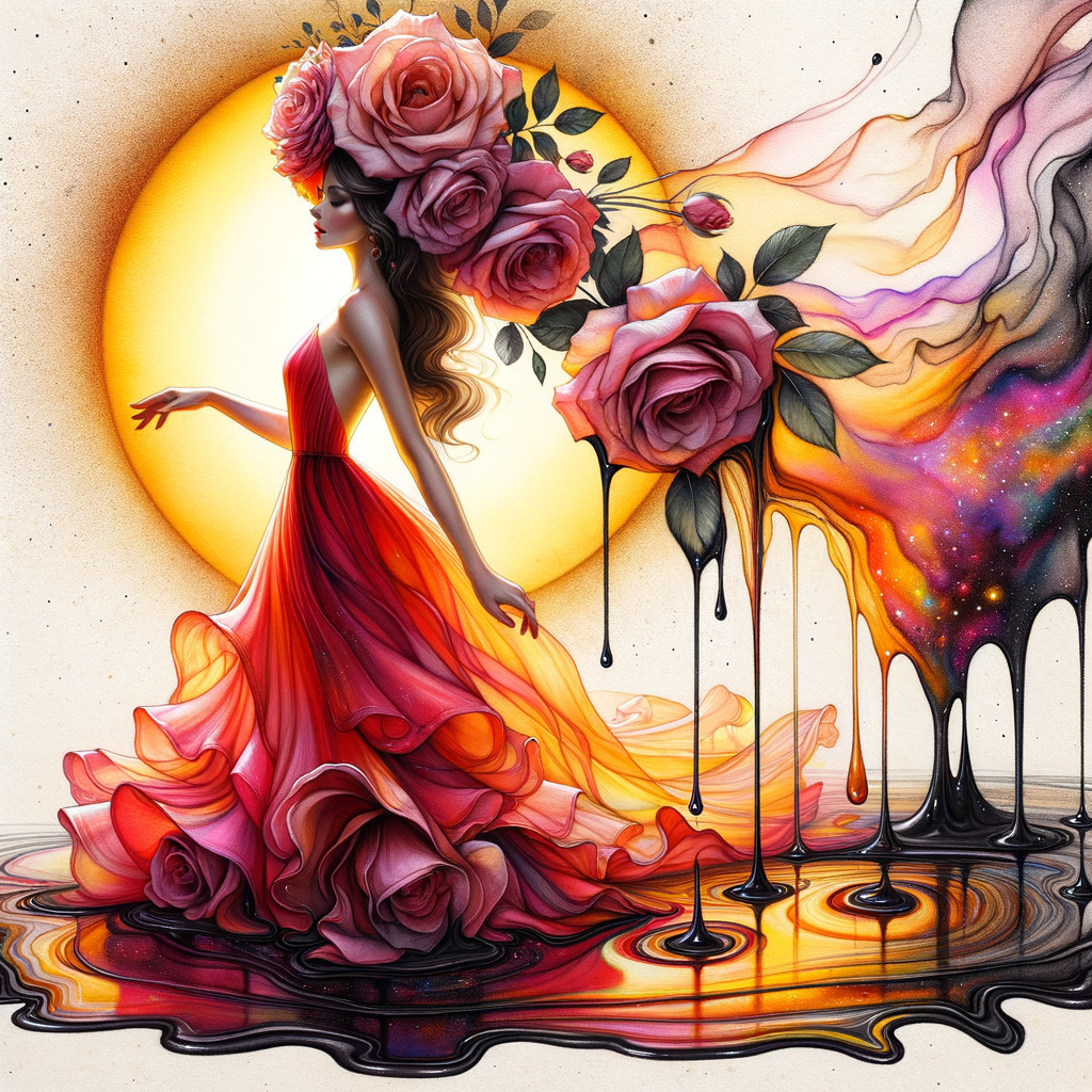 Graceful figure in red gown against golden sunset