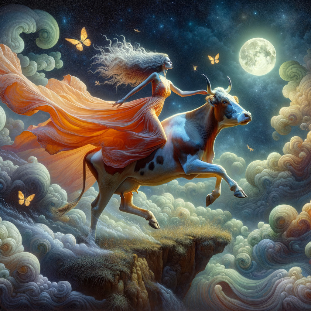 Mystical Scene of Woman Riding Cow in Night Sky