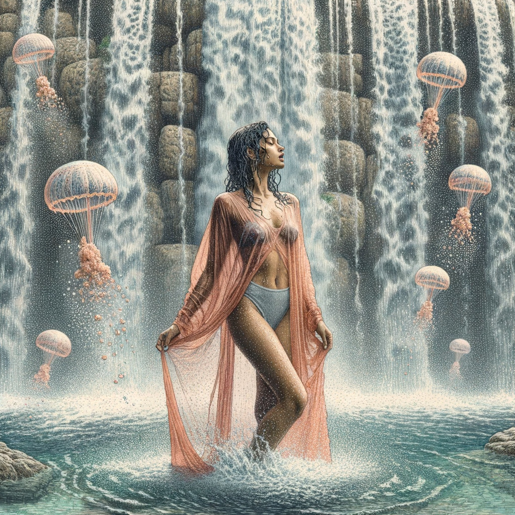Woman in flowing robe by a serene waterfall with jellyfish