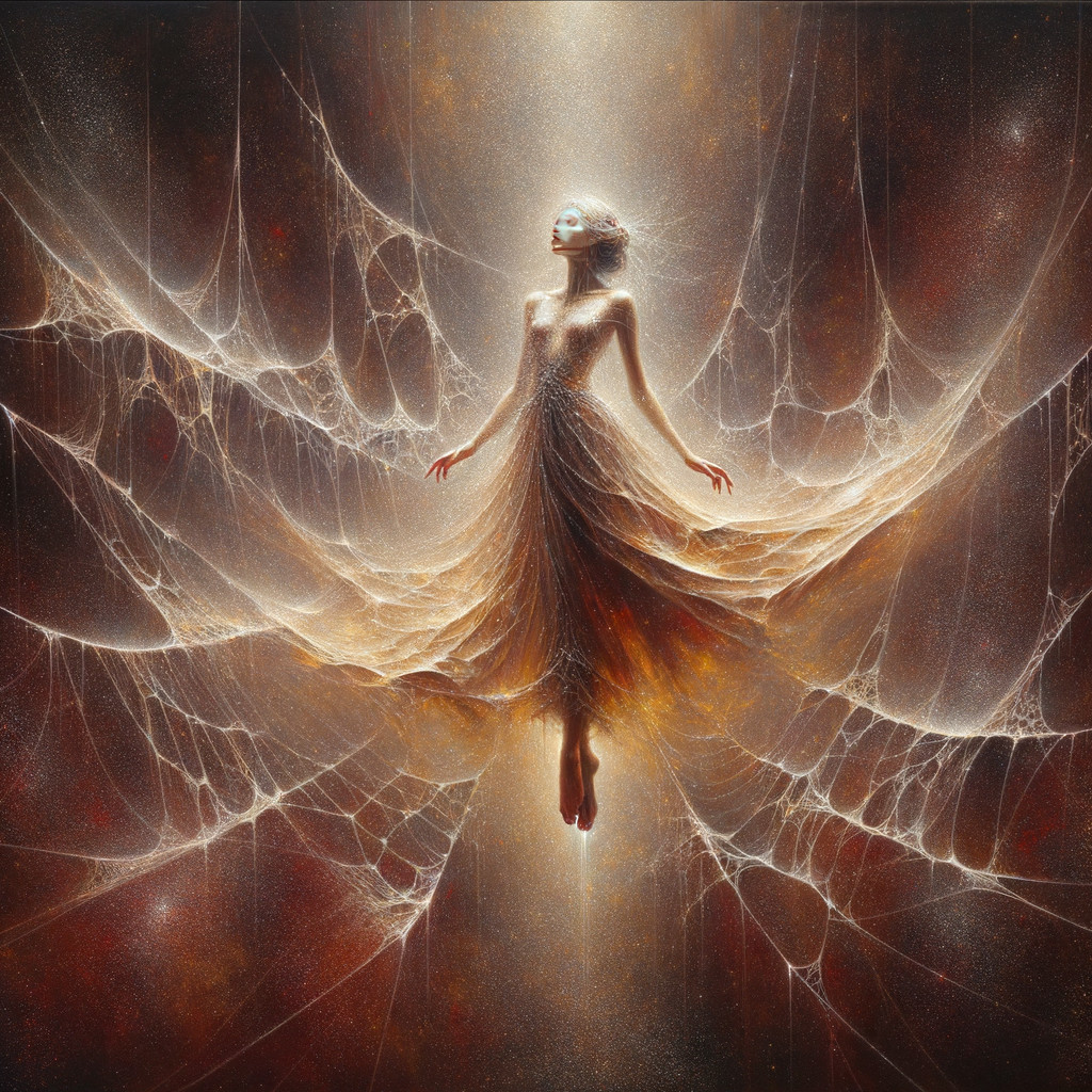 Mystical Figure in Ethereal Webs and Dreamlike Light